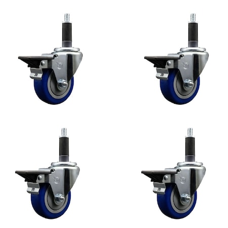 Service Caster 3.5'' Blue Poly Swivel 1'' Expanding Stem Caster Set with Brake, 4PK SCC-EX20S3514-PPUB-BLUE-PLB-1-4